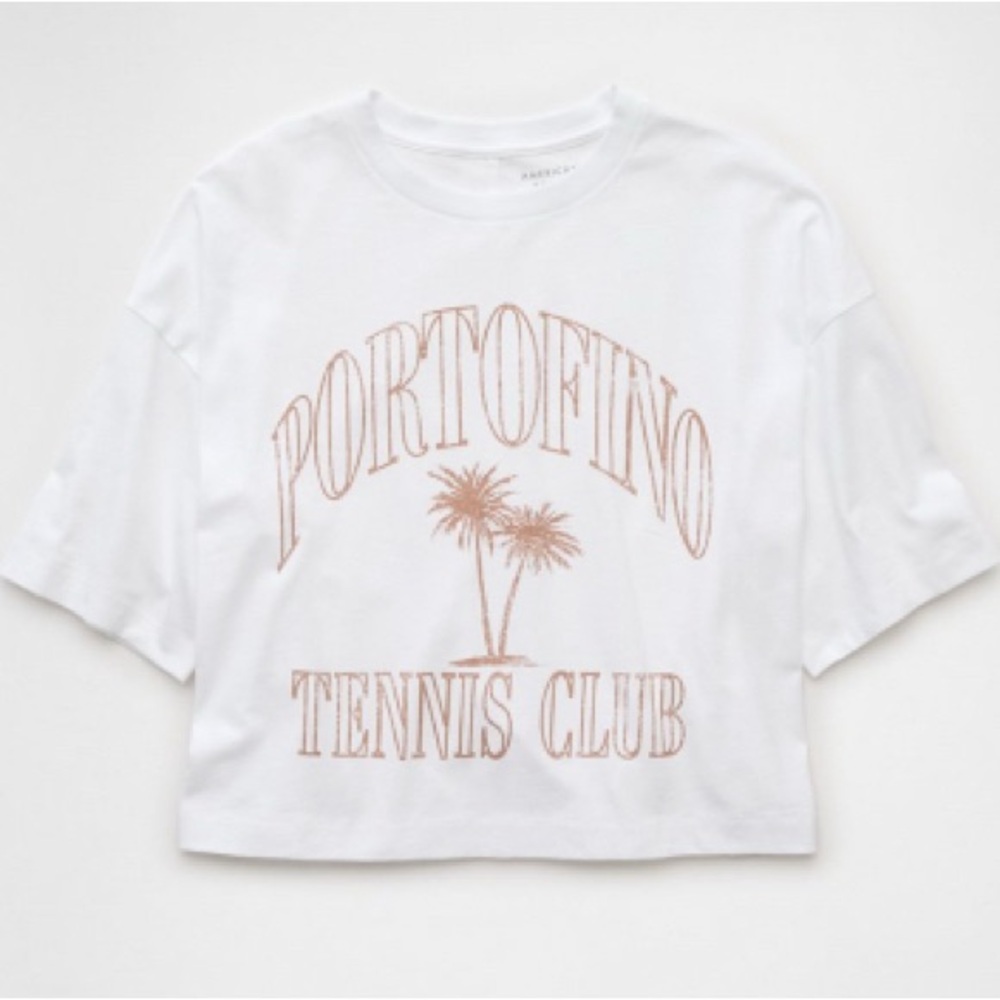 American Eagle Boxy Cropped White Graphic T-Shitt